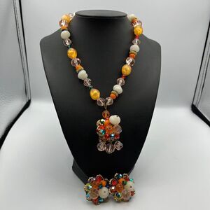 Vintage orange and blue glass 1960s Germany Necklace and earrings set